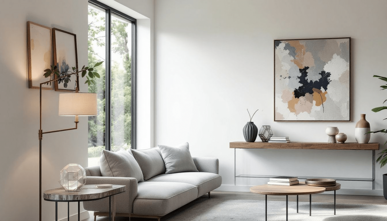 Modern living room interior with sofa, abstract artwork, and large window.