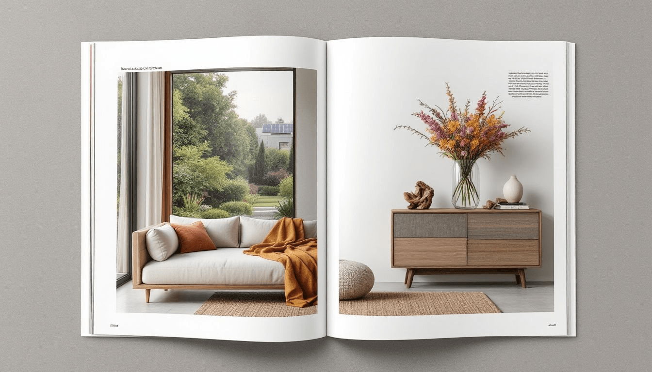 An open magazine featuring an elegant interior design layout.