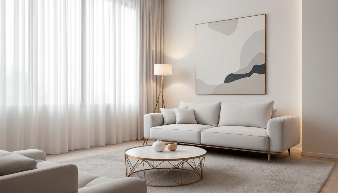 Minimalist living room with a white sofa, abstract wall art, gold-accented coffee table, and floor lamp.