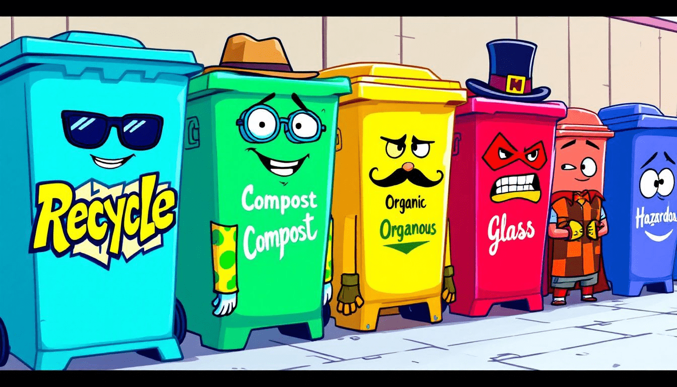 A group of cartoon characters poses in front of various waste collection bins, each labeled for specific waste types.