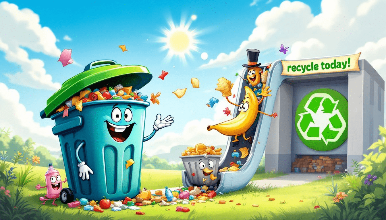 A cartoon character discards a banana peel into a trash can, illustrating proper waste disposal practices.A cartoon character discards a banana peel into a trash can, illustrating proper waste disposal practices.