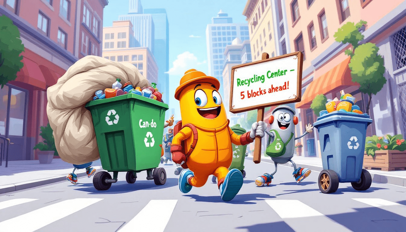 A cartoon character displays a sign that says "Recycling Day," highlighting the importance of recycling and waste management.