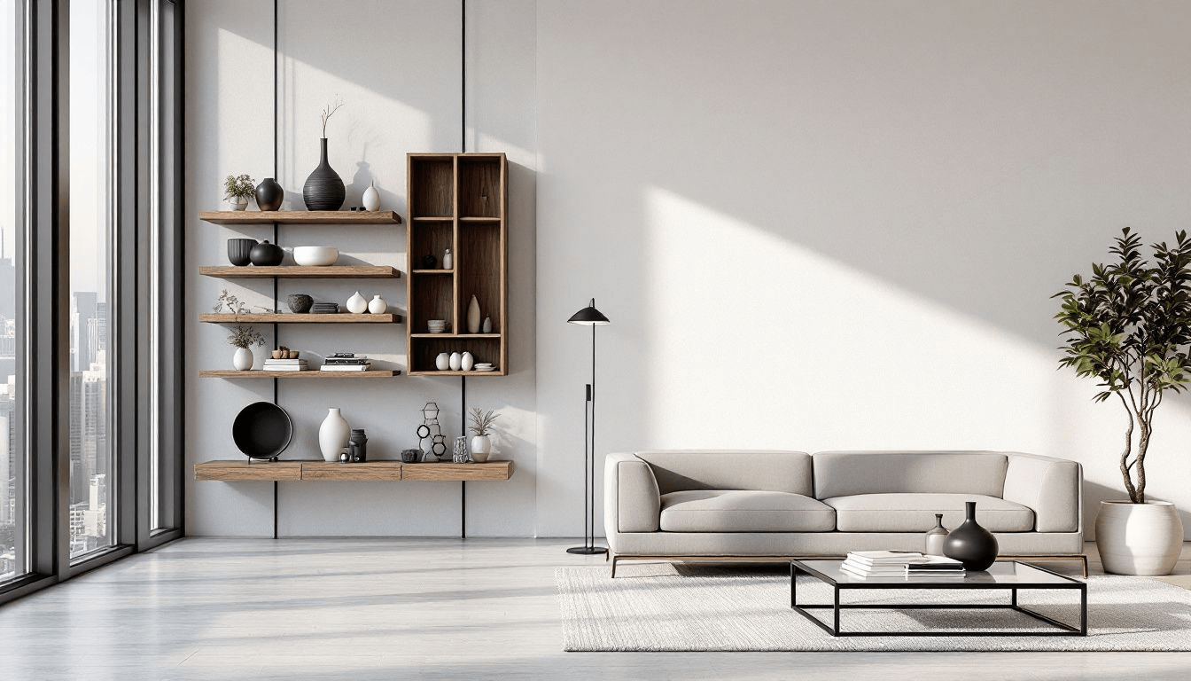 Modern living room with sofa, shelf, floor lamp, and city view through large windows.