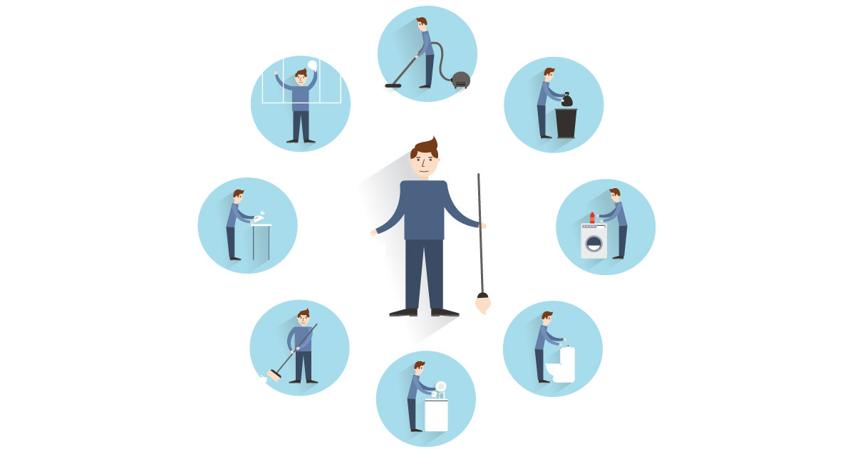 A person stands surrounded by icons representing various household tasks, including cleaning, repairs, and laundry.