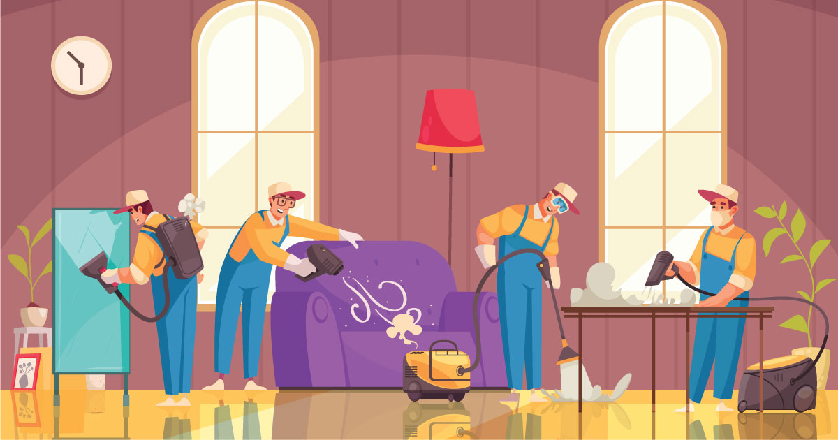 Four cleaners are busy tidying a living room, vacuuming a sofa and table, with cleaning equipment and plants visible in a bright space.