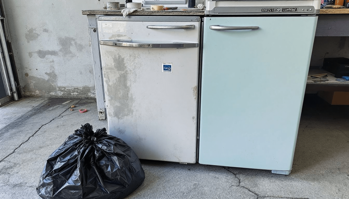 Preparing an old fridge freezer for disposal.