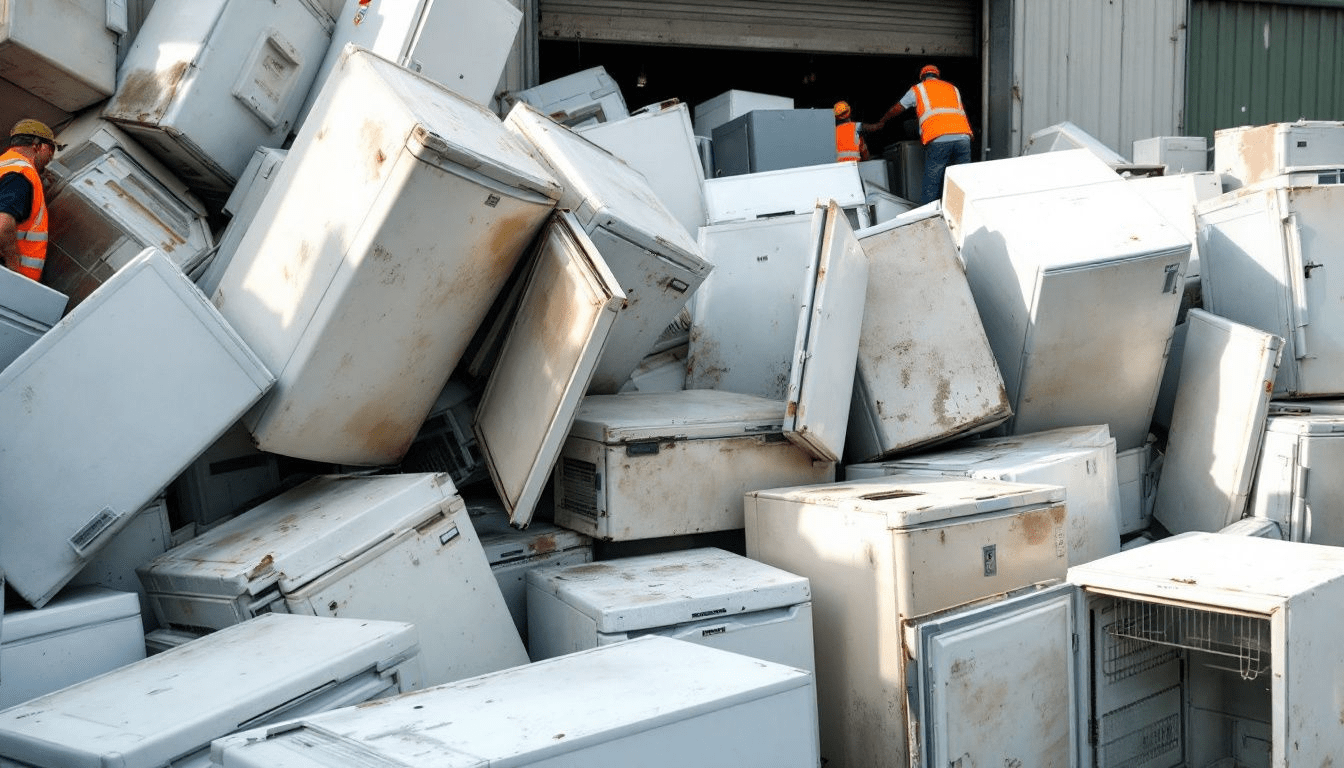 A collection of old fridge freezers at a recycling centre.