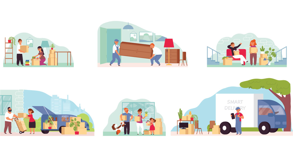 A series of illustrated scenes depicting moving activities, including packing, carrying furniture, and delivery services.